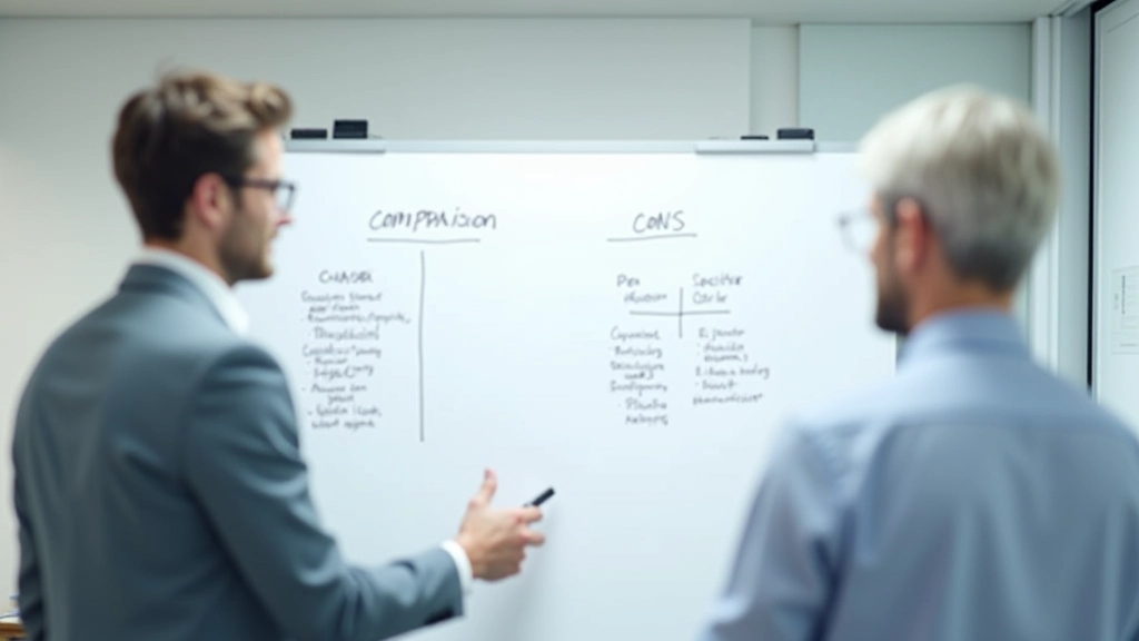 Comparison analysis on whiteboard showing two different technical approaches with pros and cons listed, professional office setting, clear documentation
