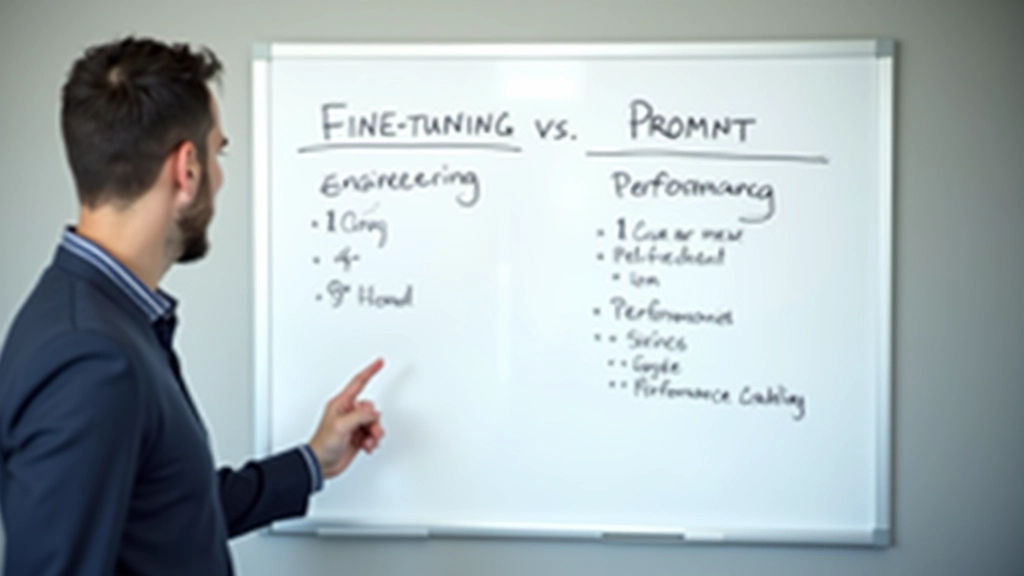 Comparison whiteboard showing fine-tuning versus prompt engineering techniques with cost and performance trade-offs