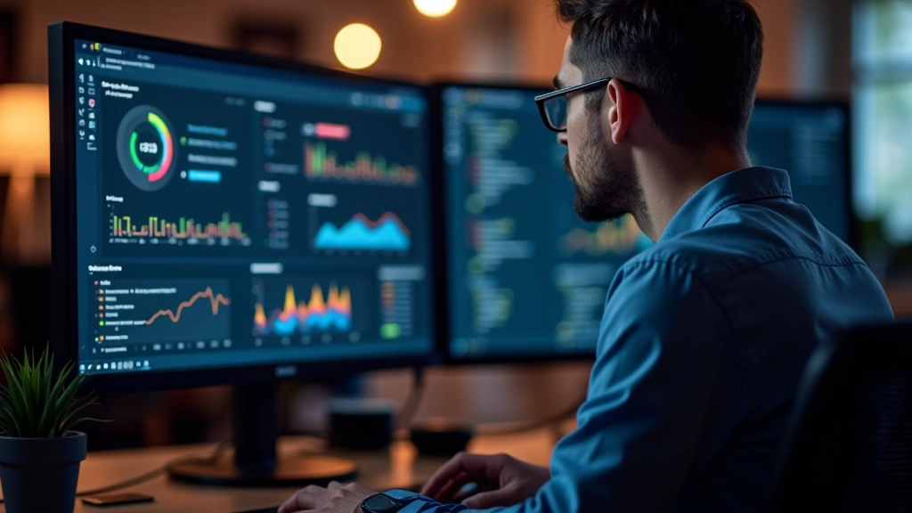 Software developer monitoring training metrics dashboard with progress bars and real-time statistics, dual monitors in tech office, warm task lighting, sharp focus on interface