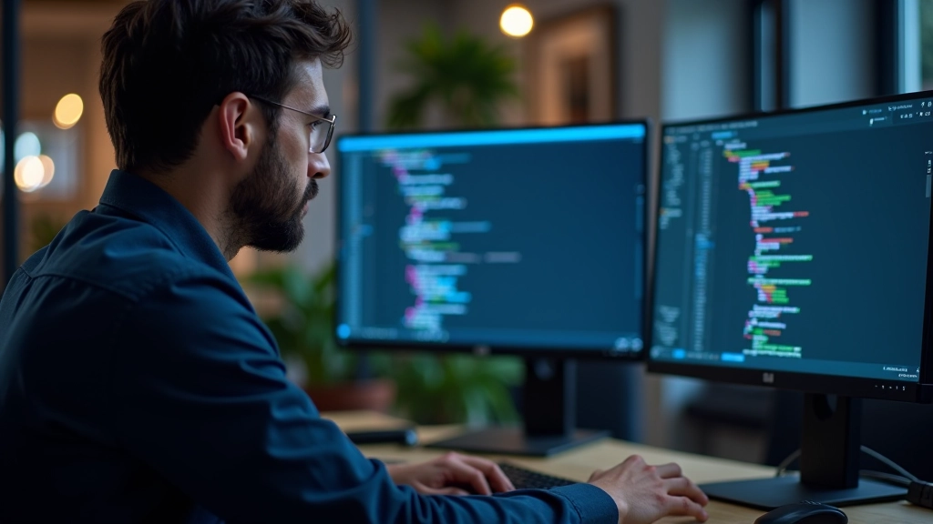 Software developer working with code editor showing prompt templates and examples on dual monitors